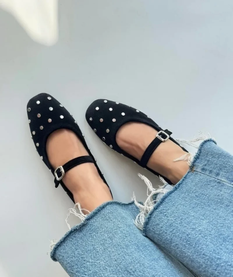 Zımp Kadın Drop Detay Kadife Babet Siyah