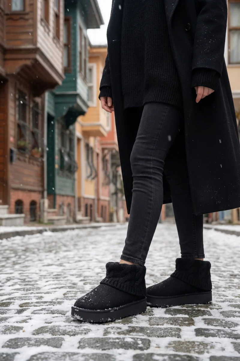 Kazaklı Süet Kalın Taban Kışlık İçi Kürklü Kadın Bot - Siyah