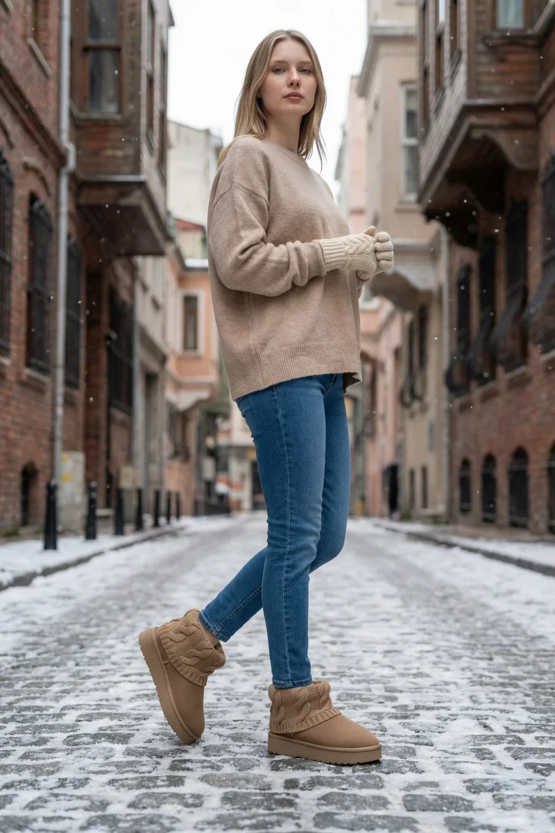 Kazaklı Süet Kalın Taban Kışlık İçi Kürklü Kadın Bot - Vizon