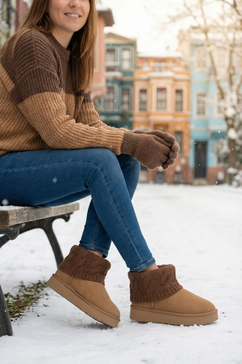 Kazaklı Süet Kalın Taban Kışlık İçi Kürklü Kadın Bot - Taba