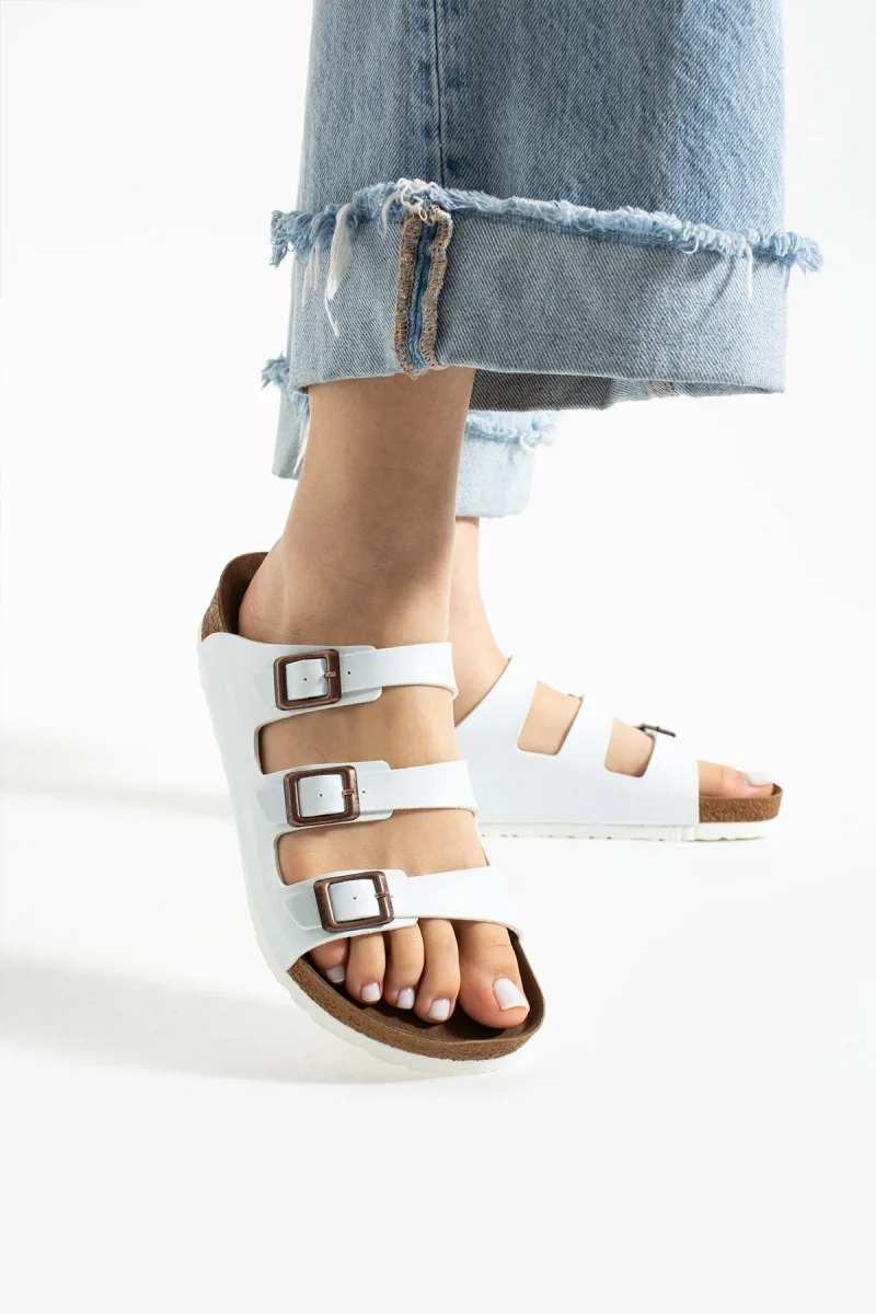 Kadın 3 Tokalı Anatomik Taban Terlik Rahat Günlük Yazlık - Beyaz