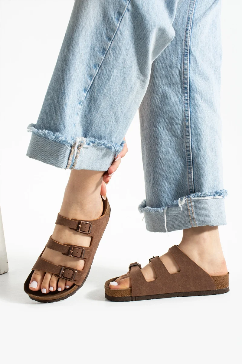 Kadın 3 Tokalı Anatomik Taban Terlik Rahat Günlük Yazlık - Taba