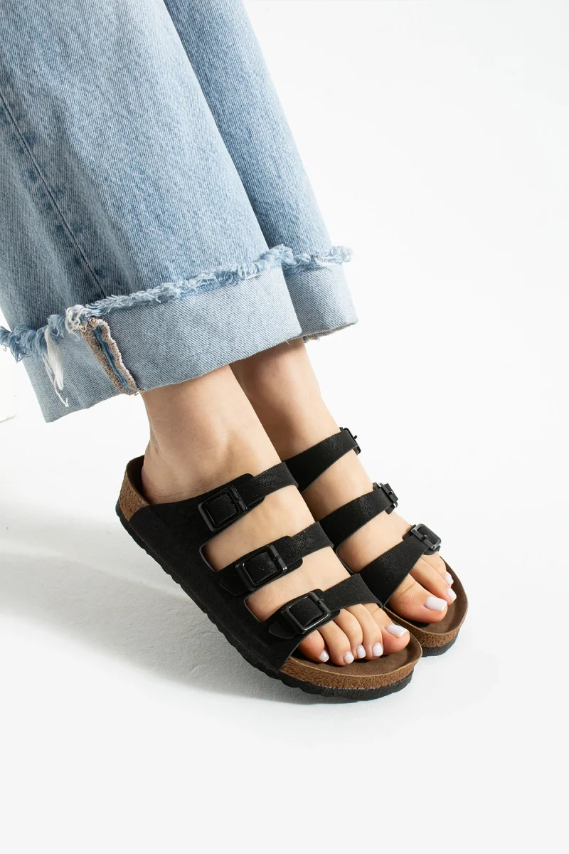 Kadın 3 Tokalı Anatomik Taban Terlik Rahat Günlük Yazlık - Siyah