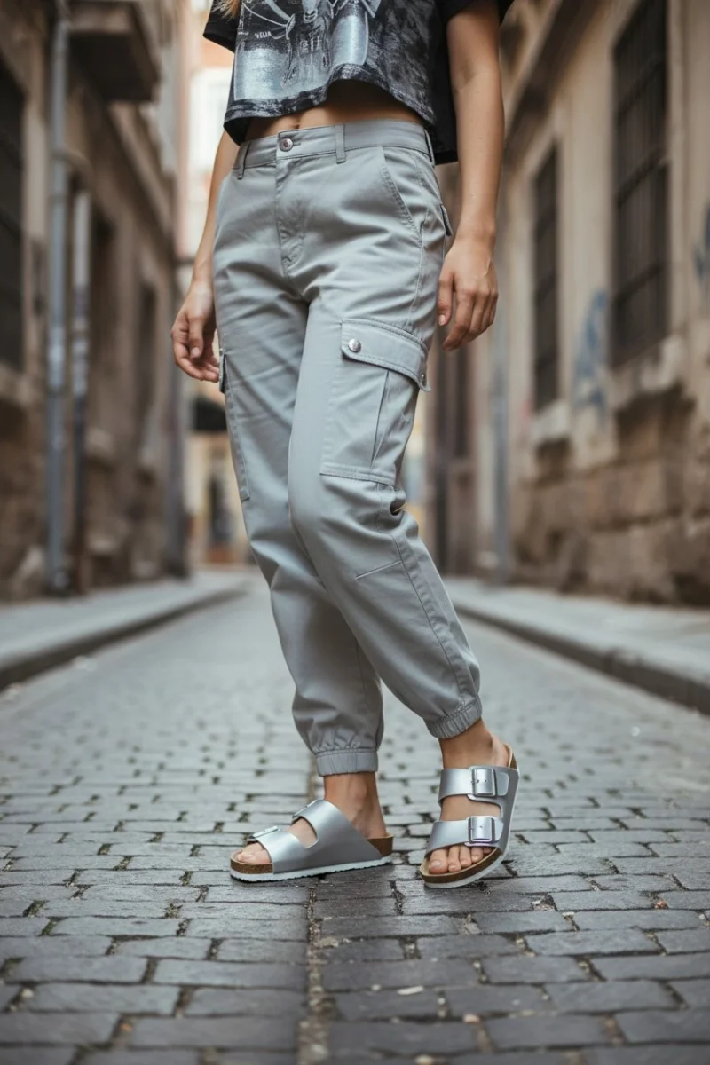 Kadın Gümüş Çift Tokalı Terlik Ortopedik Taban Günlük Rahat Yazlık Terlik