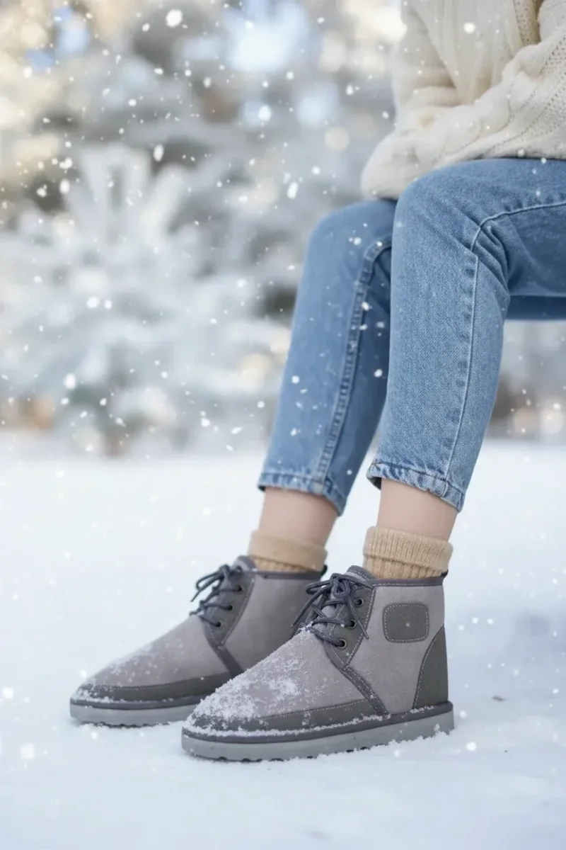 Bağcıklı Kışlık Süet İçi Kürklü Kadın Bot - Gri