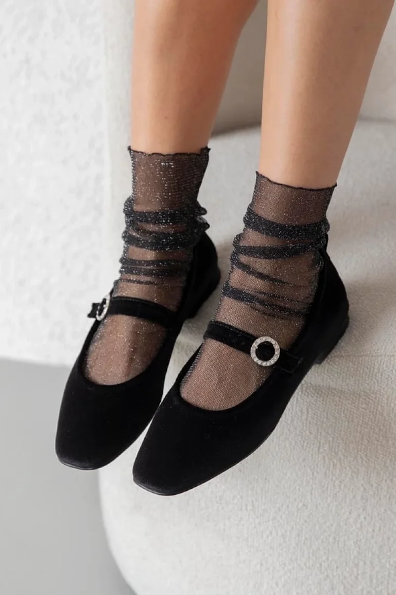 Burny Kadın Kemer Detay Kadife Babet Siyah