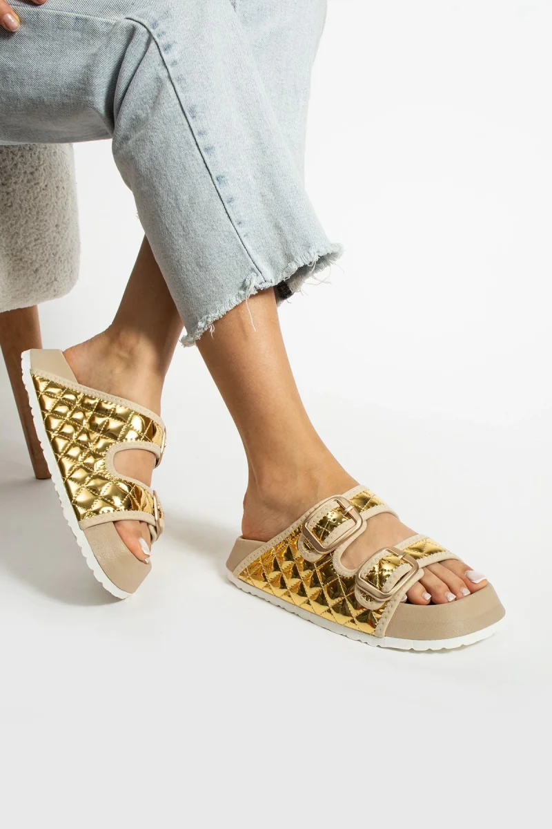 Kapitone Tokalı Ev Dış Mekan Kadın Terlik – Altın