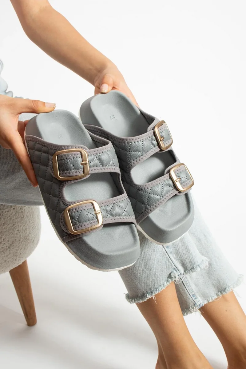 Kapitone Tokalı Ev Dış Mekan Kadın Terlik – Gri