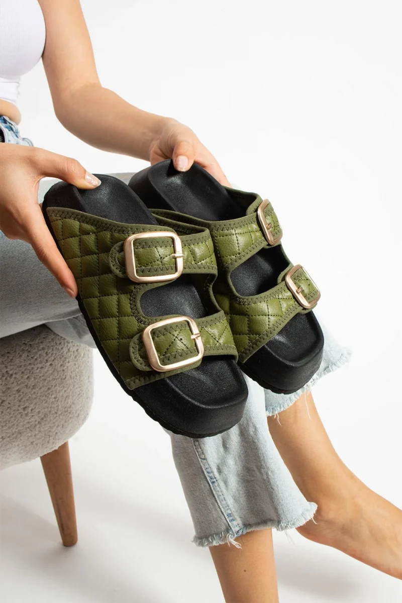 Kapitone Tokalı Ev Dış Mekan Kadın Terlik – Haki