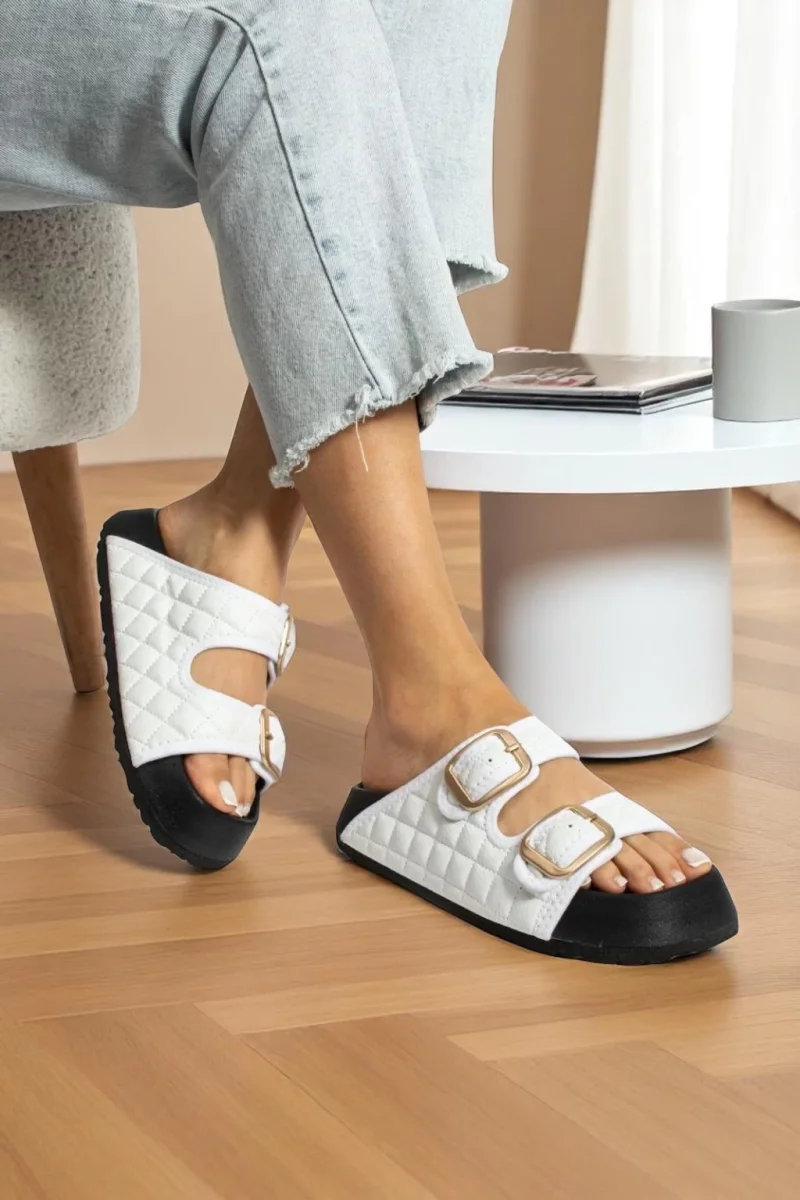 Kapitone Tokalı Ev Dış Mekan Kadın Terlik – Beyaz