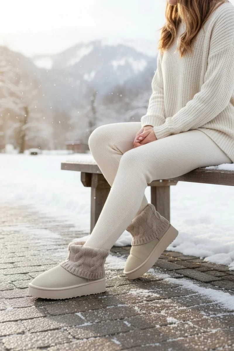 Kazaklı Süet Kalın Taban Kışlık İçi Kürklü Kadın Bot - Bej