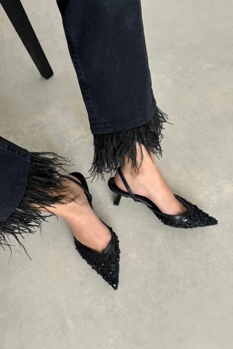 Mony Kadın Pul Detay Topuklu Ayakkabı Siyah Şık Abiye Stiletto