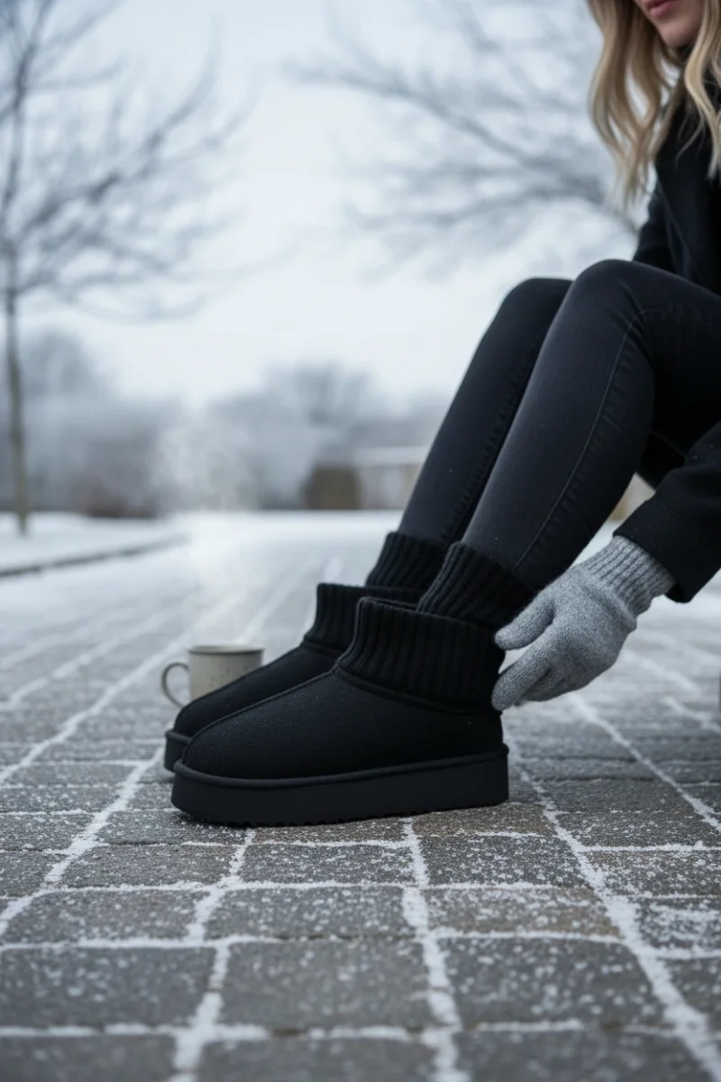Triko Boğazlı Kalın Taban Kışlık İçi Kürklü Kadın Bot - Siyah