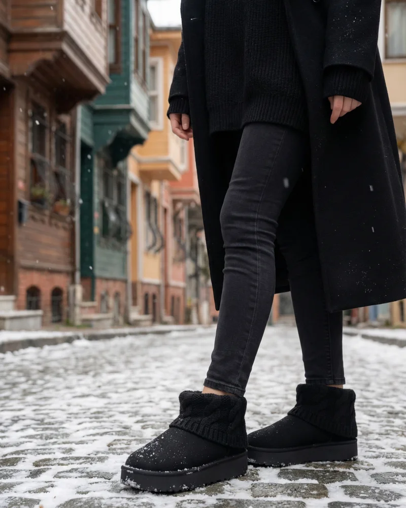 Knitted Suede Thick Sole Winter Fur Lined Womens Boots - Black