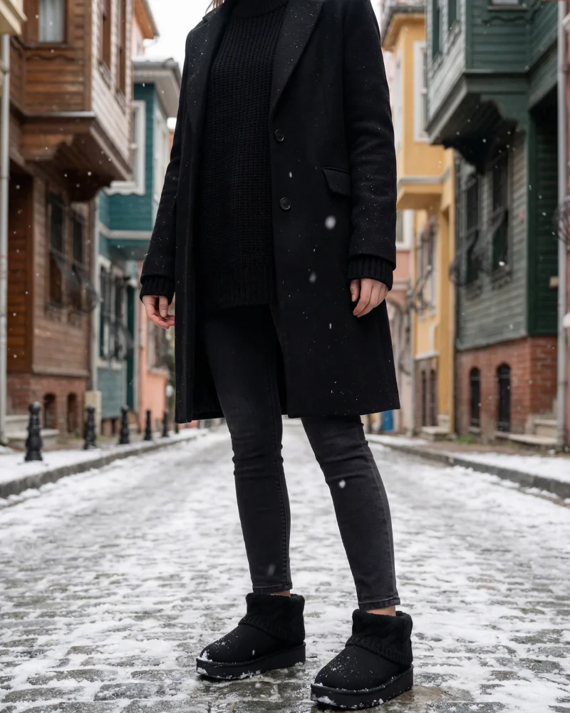 Knitted Suede Thick Sole Winter Fur Lined Womens Boots - Black