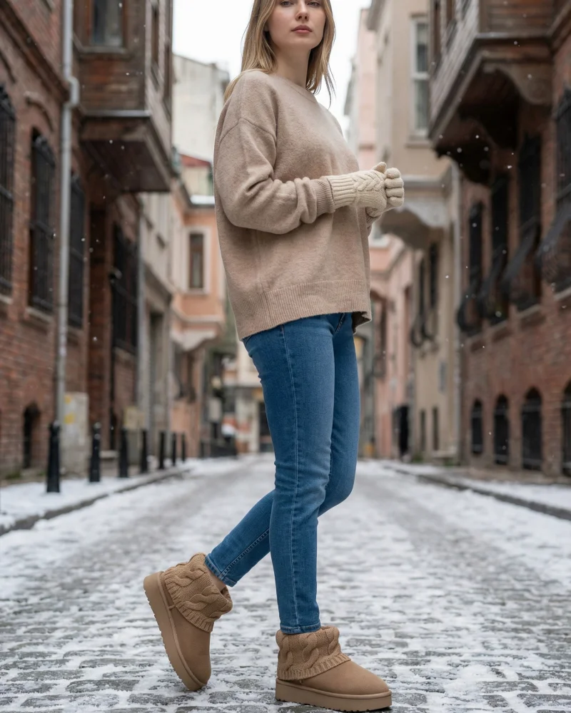 Suede Womens Boot with Sweater, Thick Sole and Fur Lining for Winter - Vizon