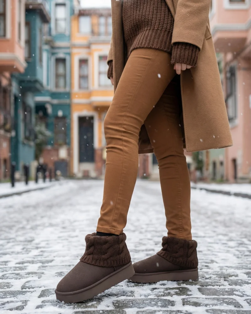 Kazaklı Suede Thick Sole Winter Fur-Lined Womens Boots - Brown