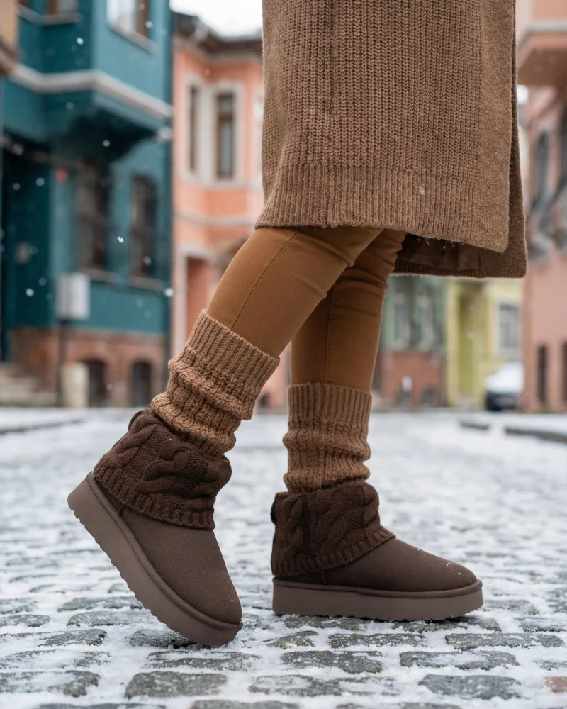 Kazaklı Suede Thick Sole Winter Fur-Lined Womens Boots - Brown
