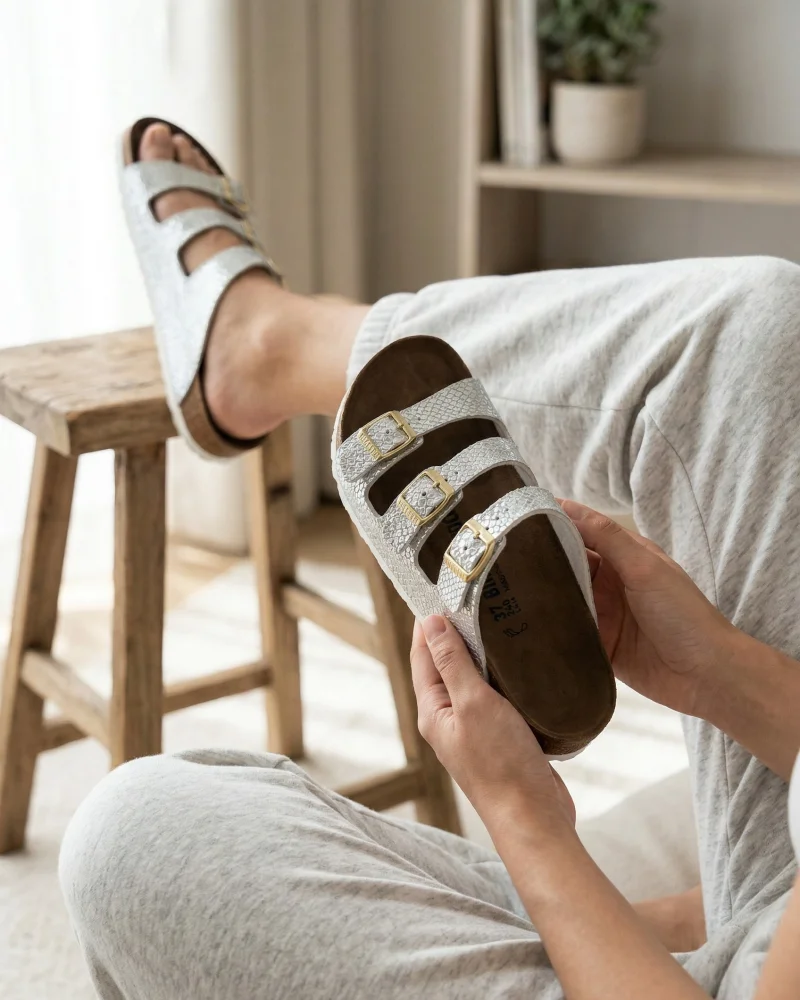 Luxe Kadın Terlik 3 Bantlı Anatomik Taban Rahat Şık Terlik - Gümüş