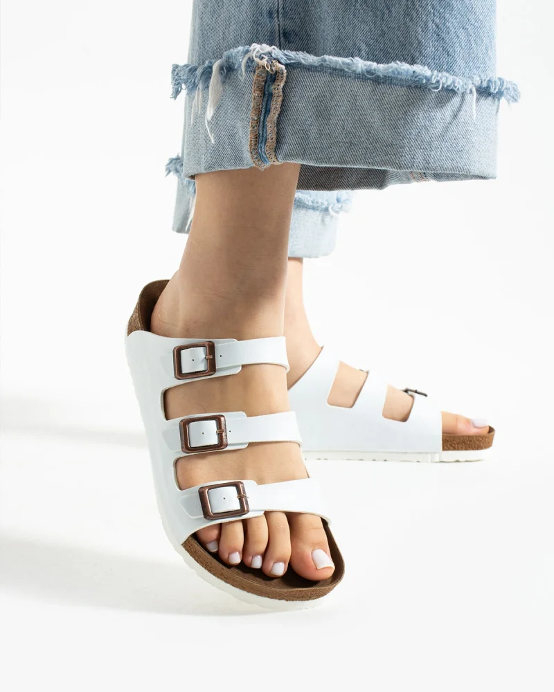 Womens 3-Buckle Anatomical Sole Slippers Comfortable Casual Summer - White