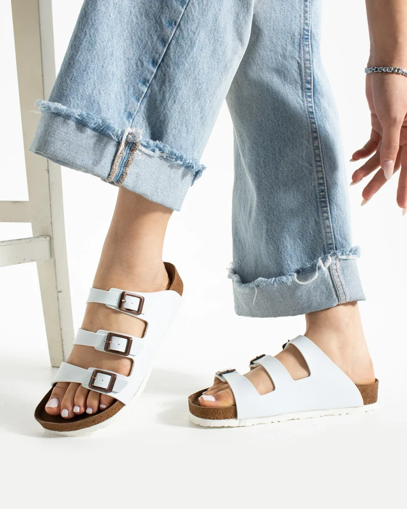 Womens 3-Buckle Anatomical Sole Slippers Comfortable Casual Summer - White