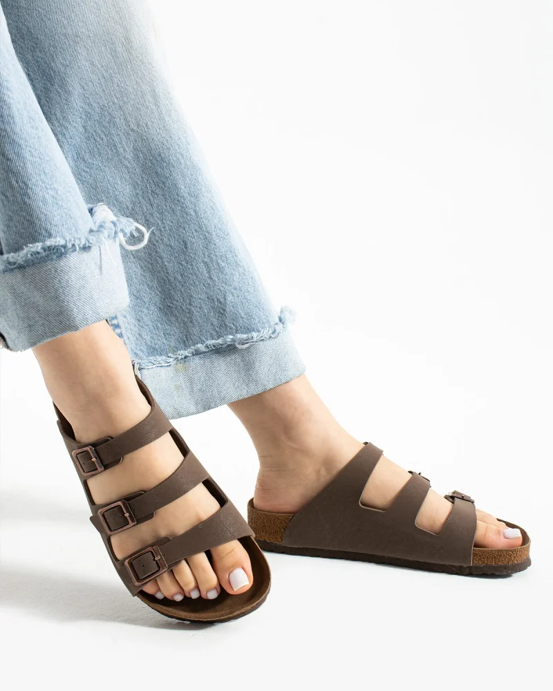 Women 3 Buckle Anatomical Sole Slippers Comfortable Casual Summer - Mink