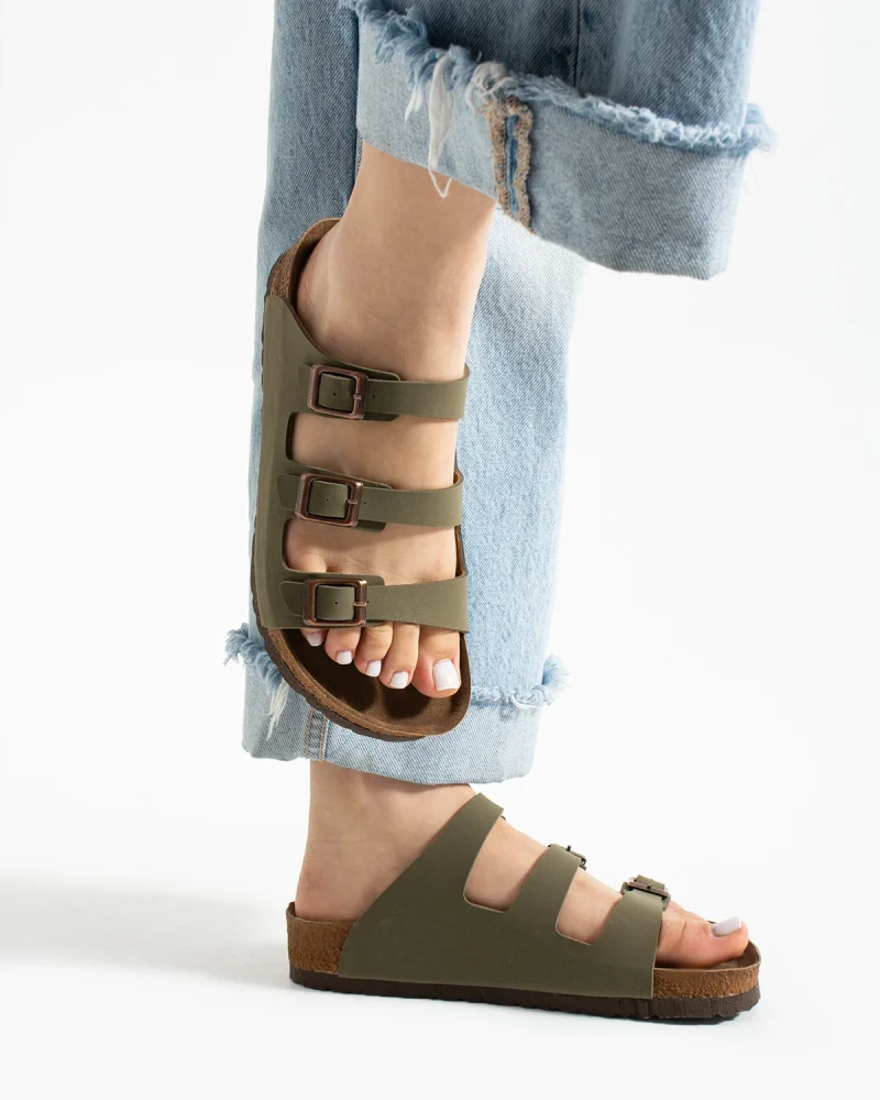 Womens 3-Buckle Anatomical Sole Sandals Comfortable Daily Summer - Khaki