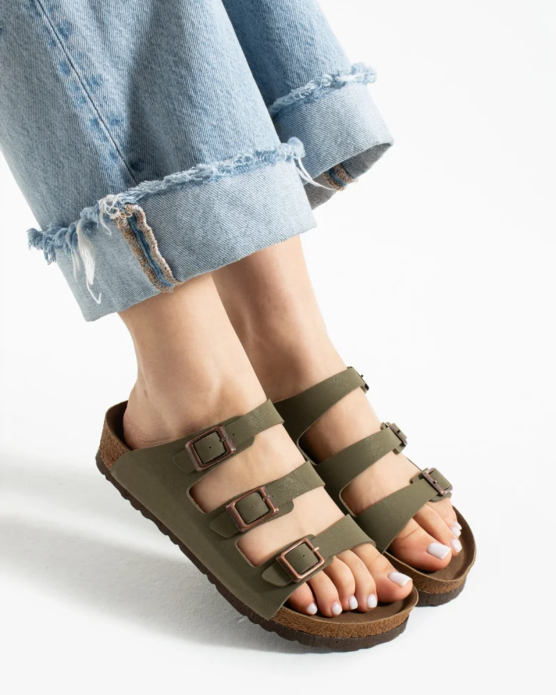 Womens 3-Buckle Anatomical Sole Sandals Comfortable Daily Summer - Khaki