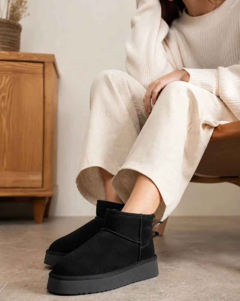 High Mini Classic Suede Fur-Lined Womens Boots - Black