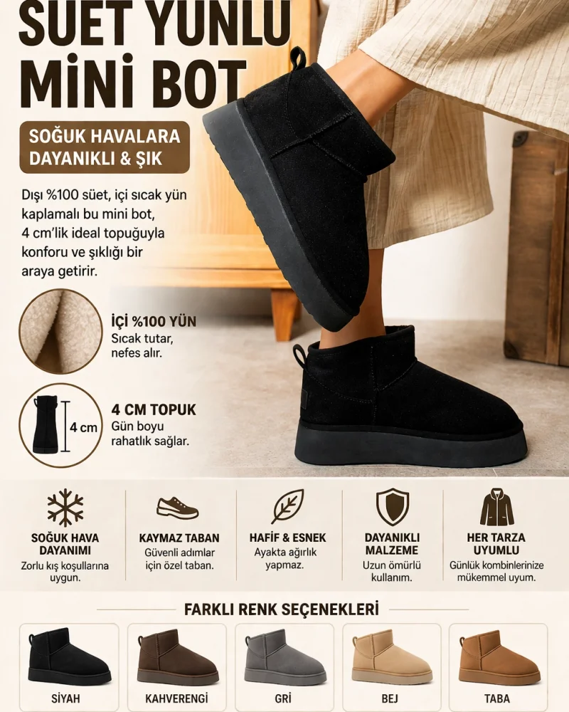 Yüksek Mini Classic Süet İçi Kürklü Kadın Bot - Gri