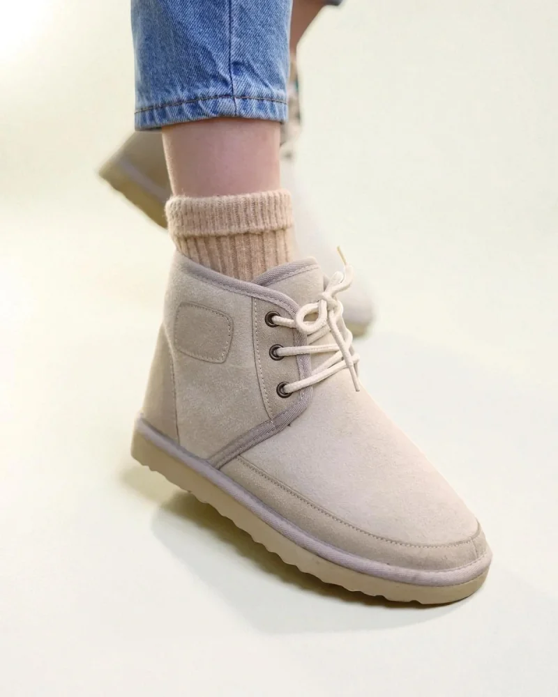 Lace-up Winter Suede Fur Lined Womens Boots - Beige