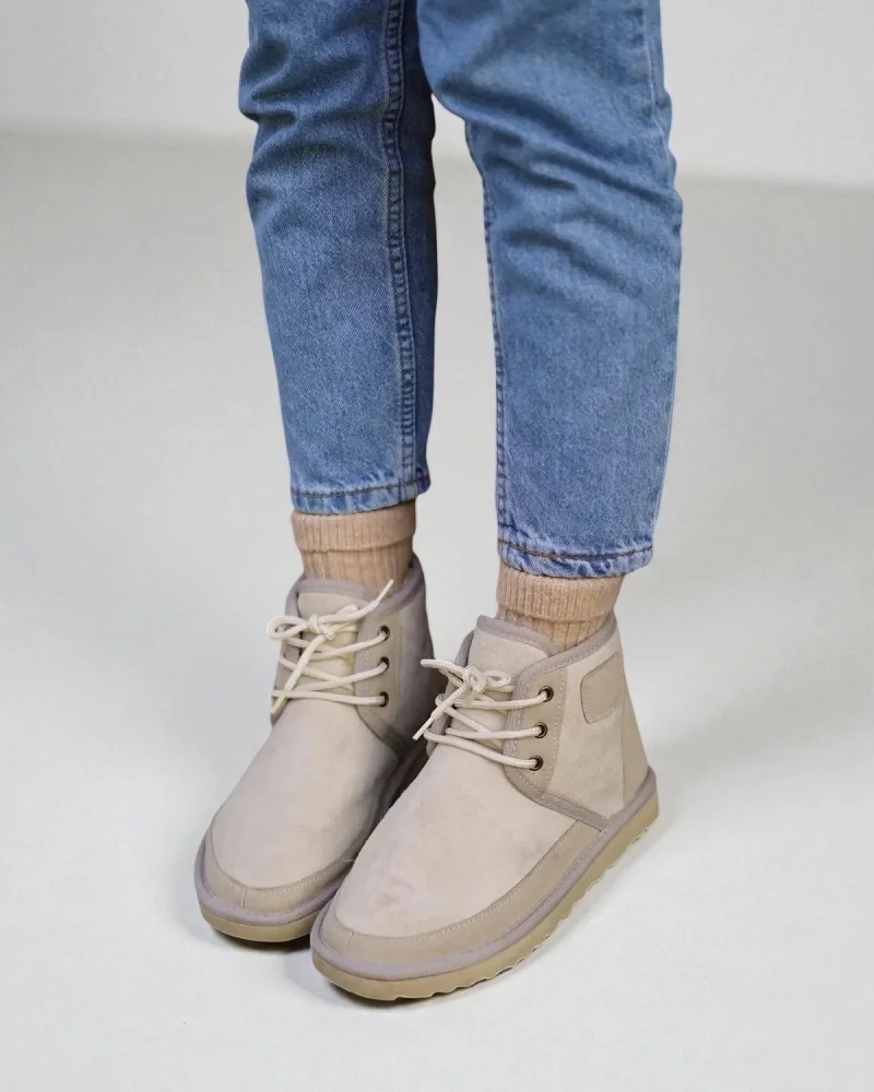 Lace-up Winter Suede Fur Lined Womens Boots - Beige