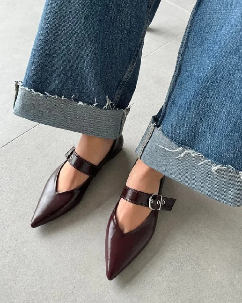 Brano Womens Leather Ballet Flats with Belt Detail Bordeaux