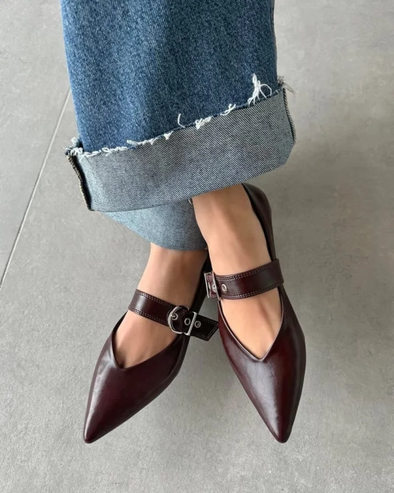 Brano Womens Leather Ballet Flats with Belt Detail Bordeaux