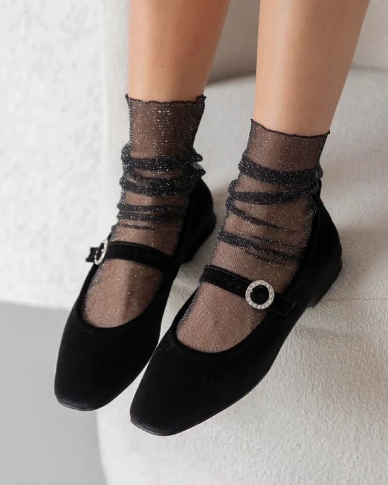 Burny Womens Belt Detail Velvet Flats Black