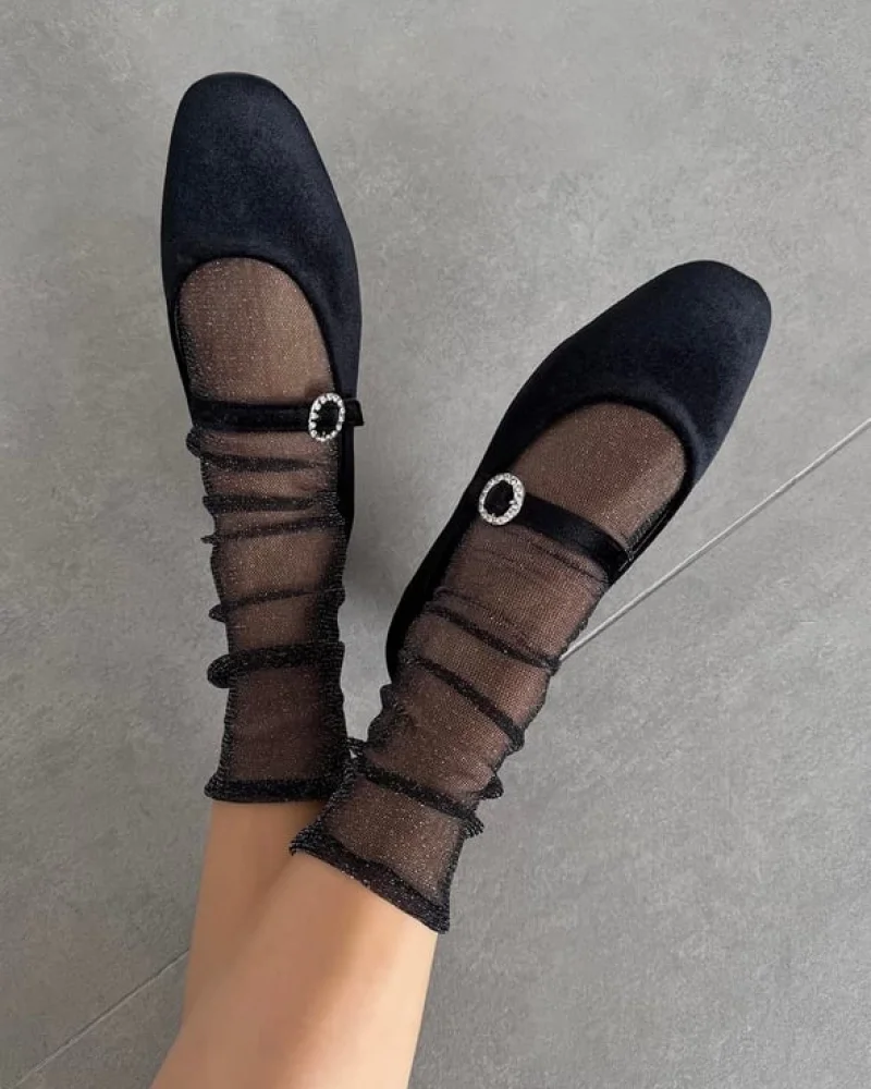Burny Womens Belt Detail Velvet Flats Black