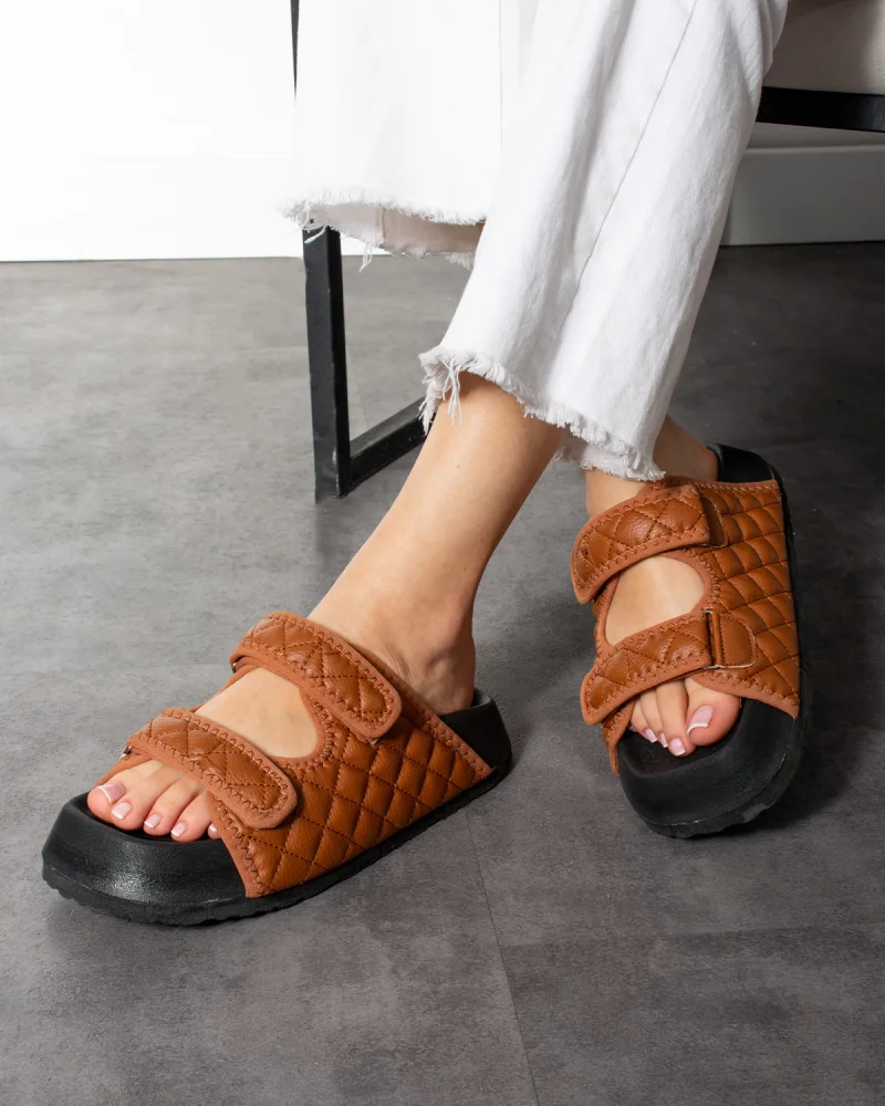 Quilted Velcro Outdoor Womens Slippers – Brown