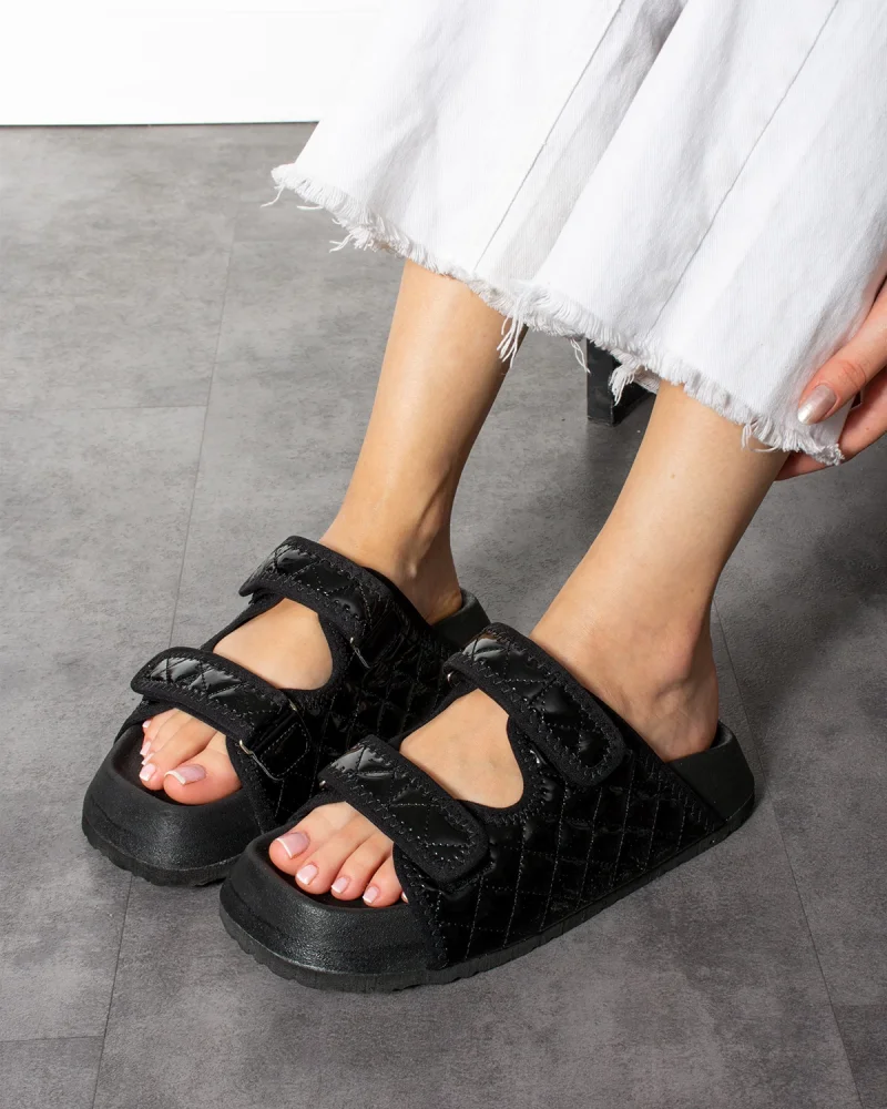 Quilted Velcro Outdoor Womens Slippers – Shiny Black
