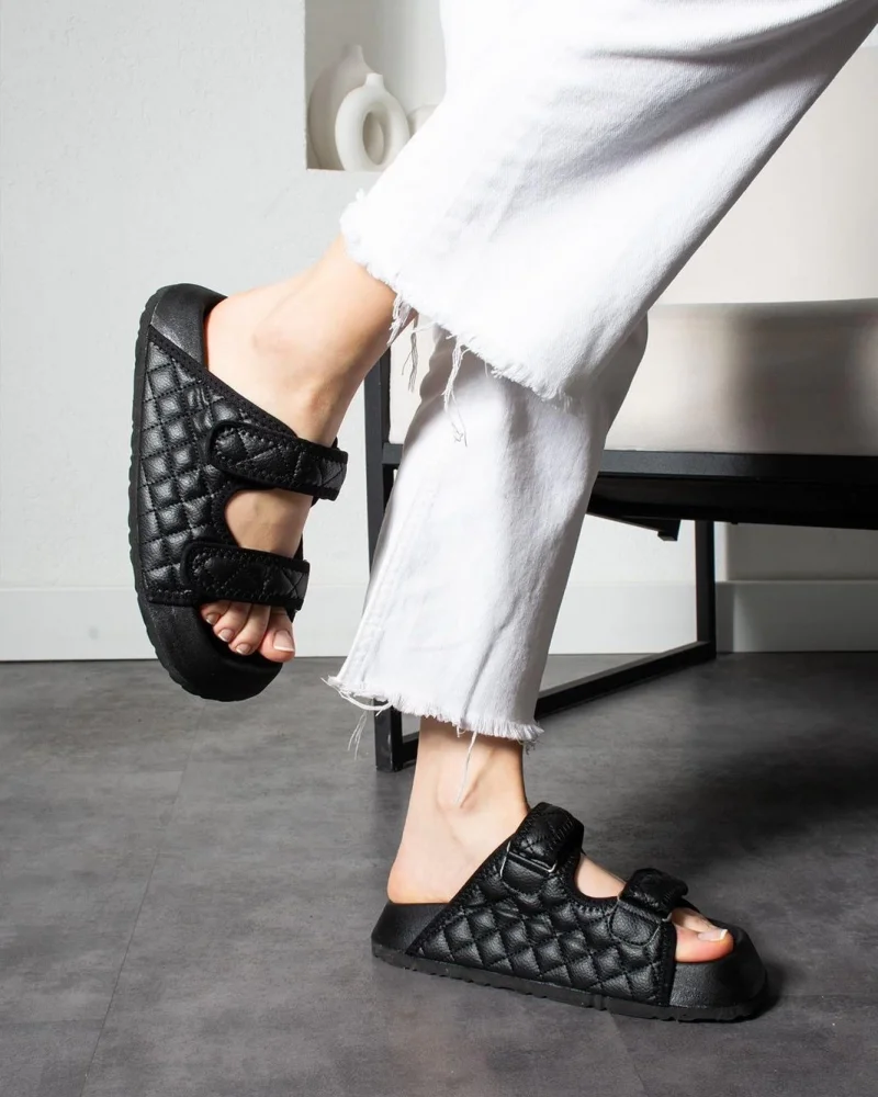 Quilted Velcro Womens Outdoor Slippers – Black