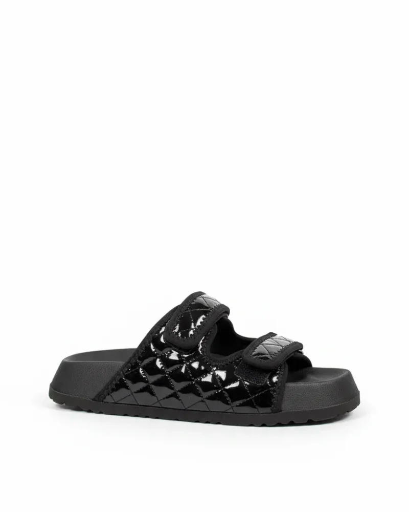 Quilted Velcro Outdoor Womens Slippers – Shiny Black