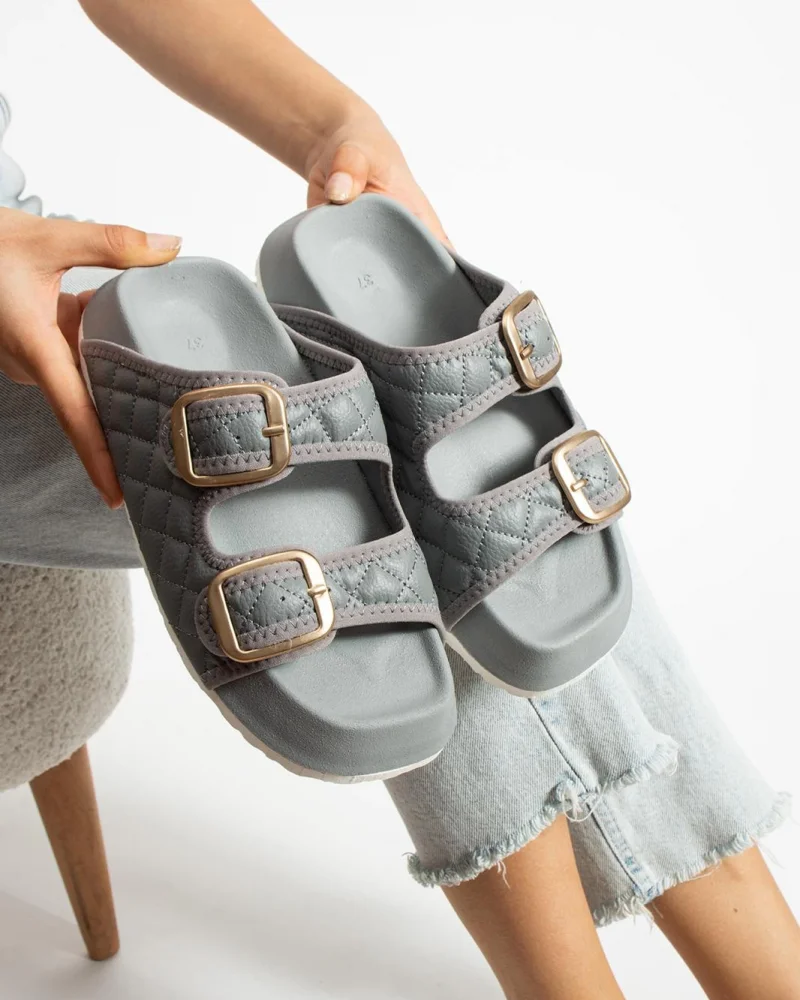 Quilted Buckle Womens Outdoor Slippers - Grey