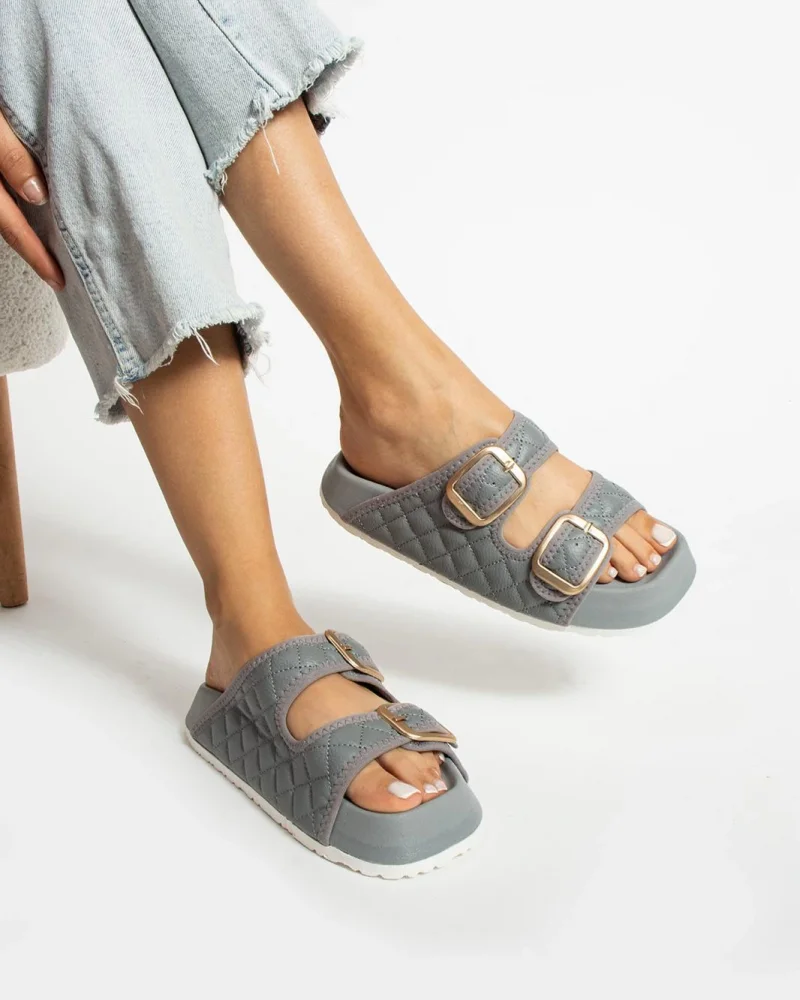 Quilted Buckle Womens Outdoor Slippers - Grey