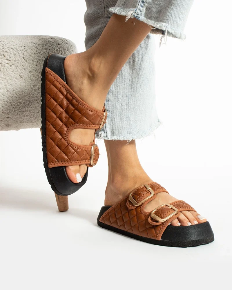 Quilted Buckle Womens Outdoor Slippers – Coffee