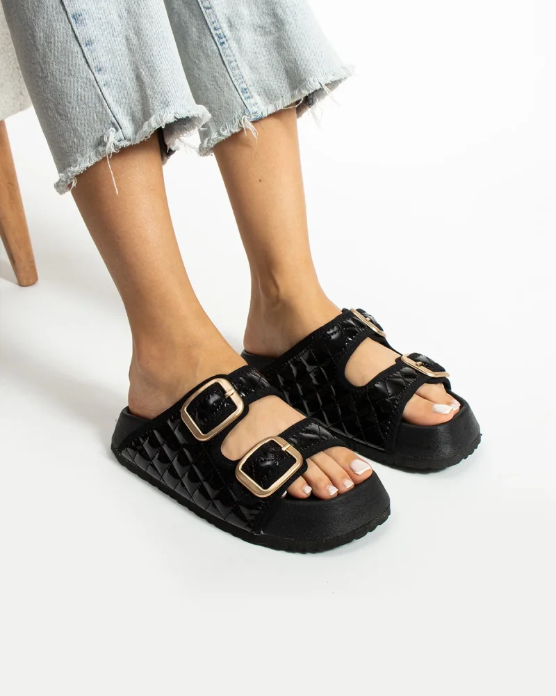 Quilted Buckled Womens Outdoor Slippers - Glossy Black