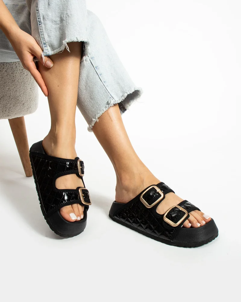 Quilted Buckled Womens Outdoor Slippers - Glossy Black