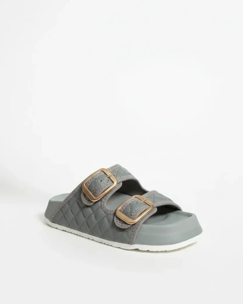 Quilted Buckle Womens Outdoor Slippers - Grey