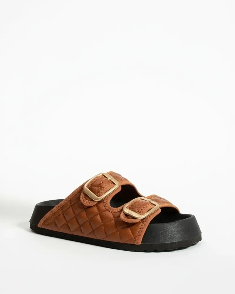 Quilted Buckle Womens Outdoor Slippers – Coffee