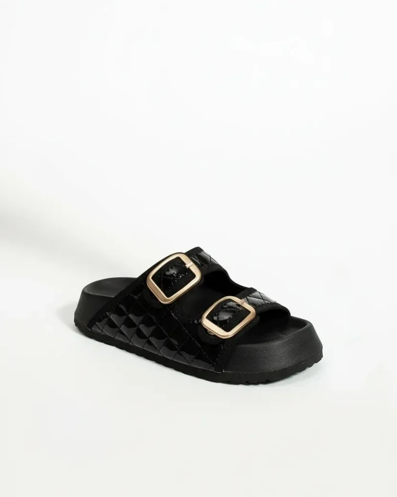 Quilted Buckled Womens Outdoor Slippers - Glossy Black