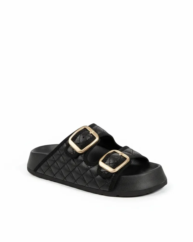 Padded Buckled Womens Outdoor Slippers - Black