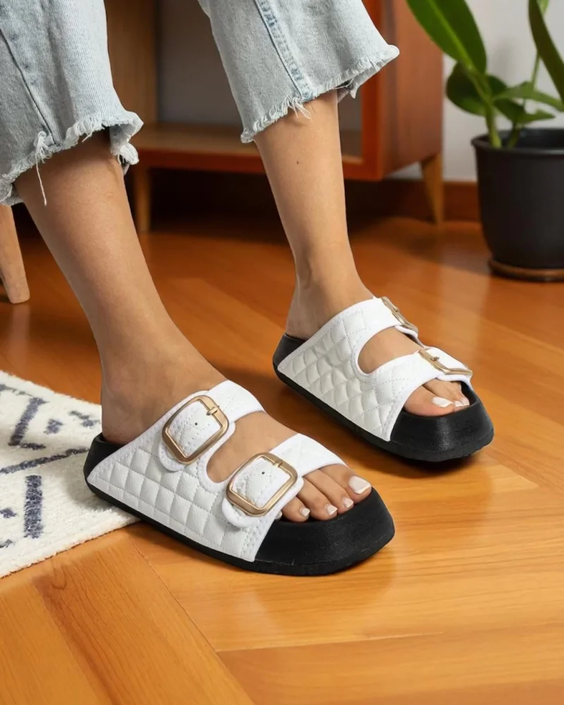 Kapitone Tokalı Ev Dış Mekan Kadın Terlik – Beyaz